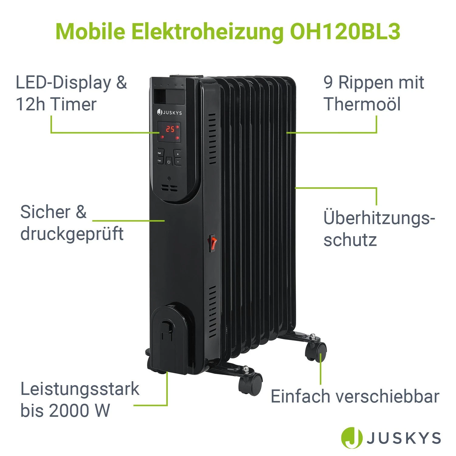 Juskys Elektroheizung Ölradiator 2000 Watt - 3 Heizstufen, Thermostat, 12 H-Timer - Radiator Schwarz – Bild 3