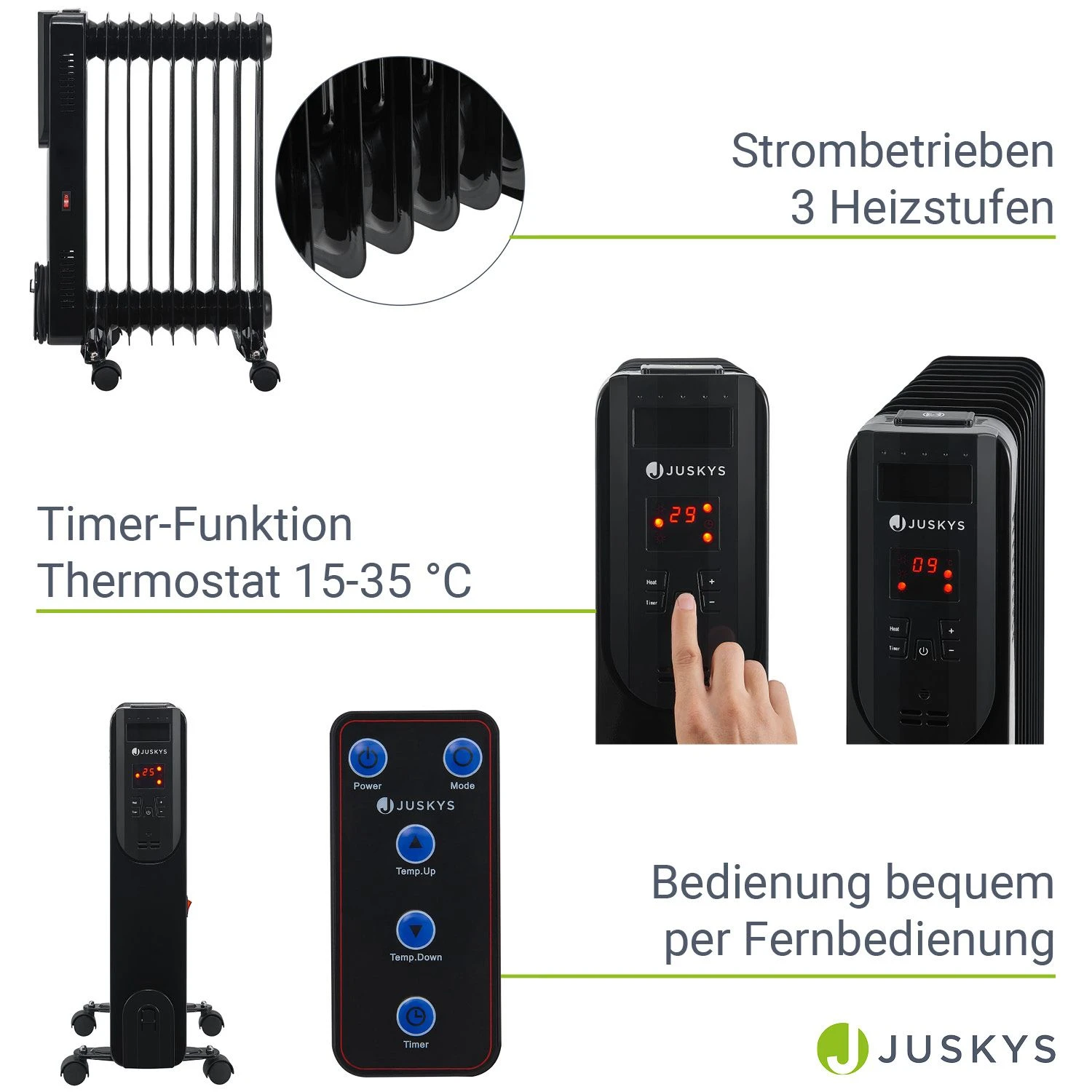 Juskys Elektroheizung Ölradiator 2000 Watt - 3 Heizstufen, Thermostat, 12 H-Timer - Radiator Schwarz – Bild 4