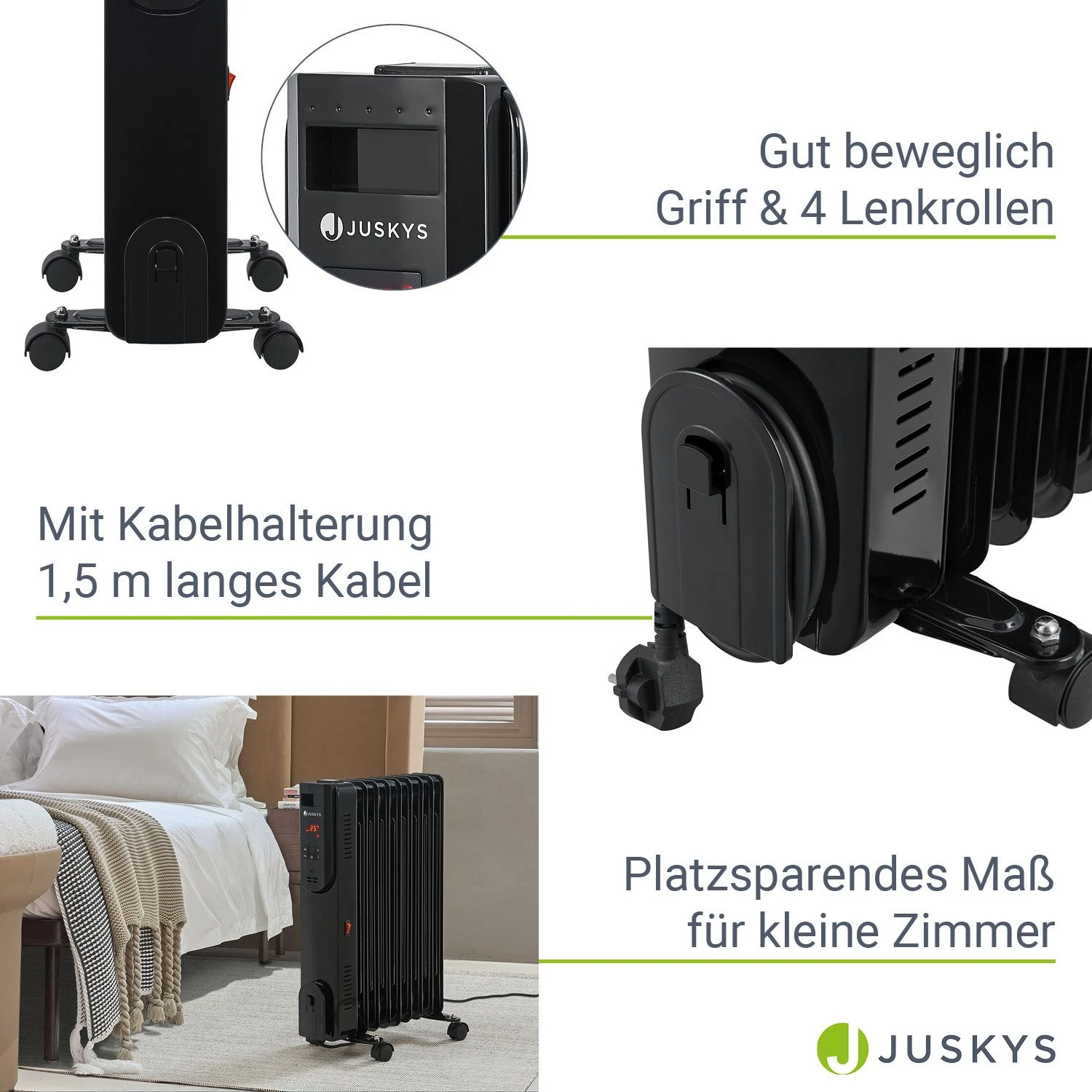 Juskys Elektroheizung Ölradiator 2000 Watt - 3 Heizstufen, Thermostat, 12 H-Timer - Radiator Schwarz – Bild 5