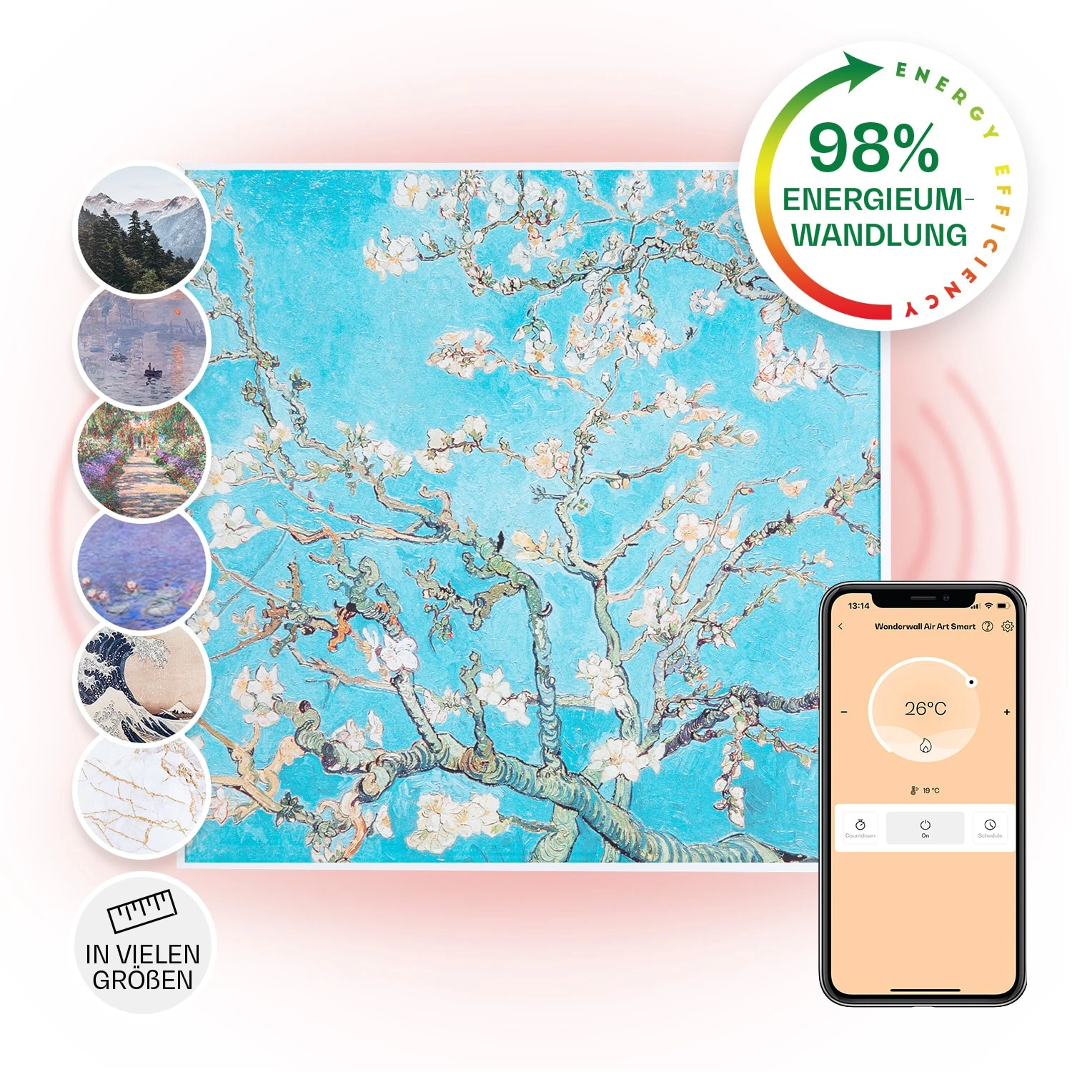 Wonderwall Air Art Smart Infrarotheizung 60x60cm 350W Wandinstallation App-Steuerung Mandelblüten