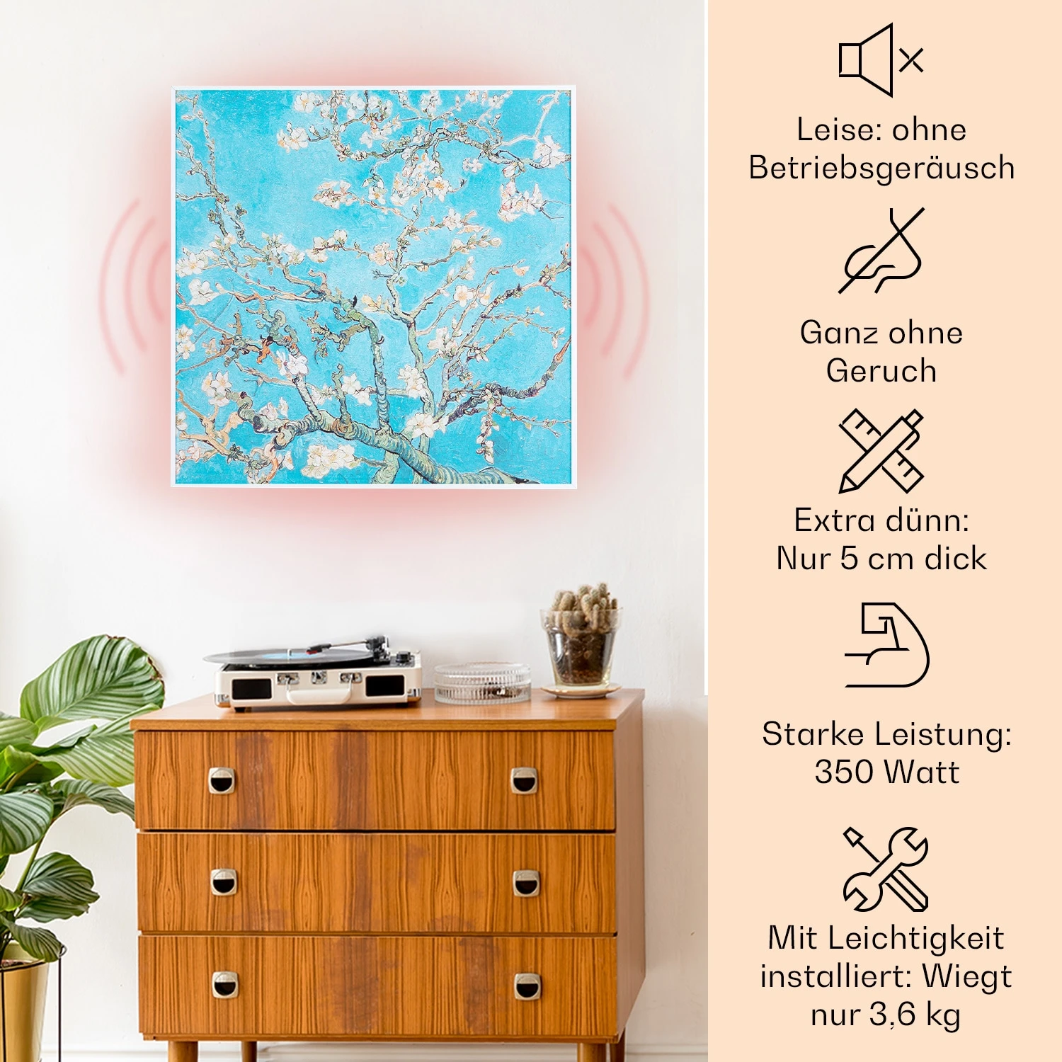 Wonderwall Air Art Smart Infrarotheizung 60x60cm 350W Wandinstallation App-Steuerung Mandelblüten – Bild 2