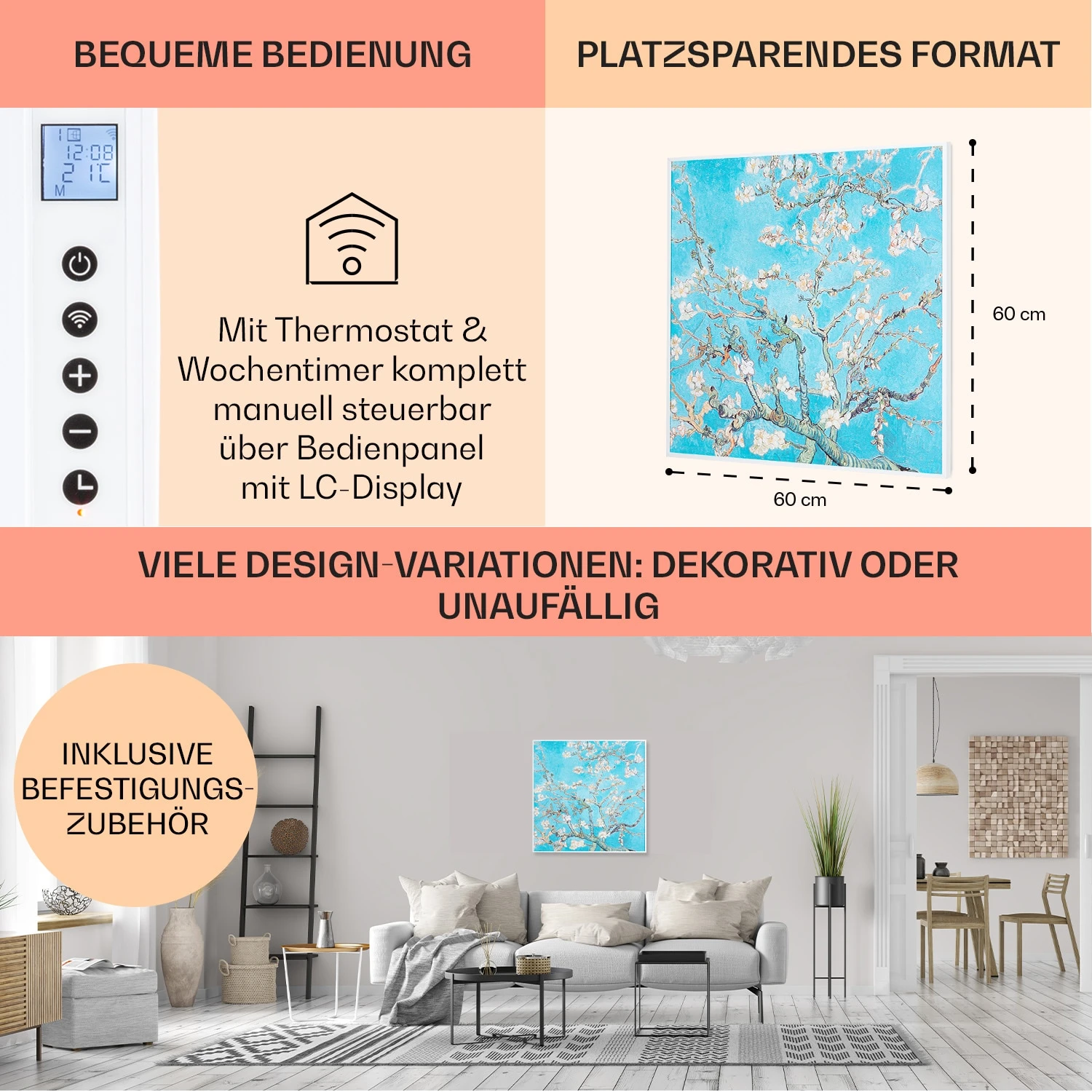 Wonderwall Air Art Smart Infrarotheizung 60x60cm 350W Wandinstallation App-Steuerung Mandelblüten – Bild 6