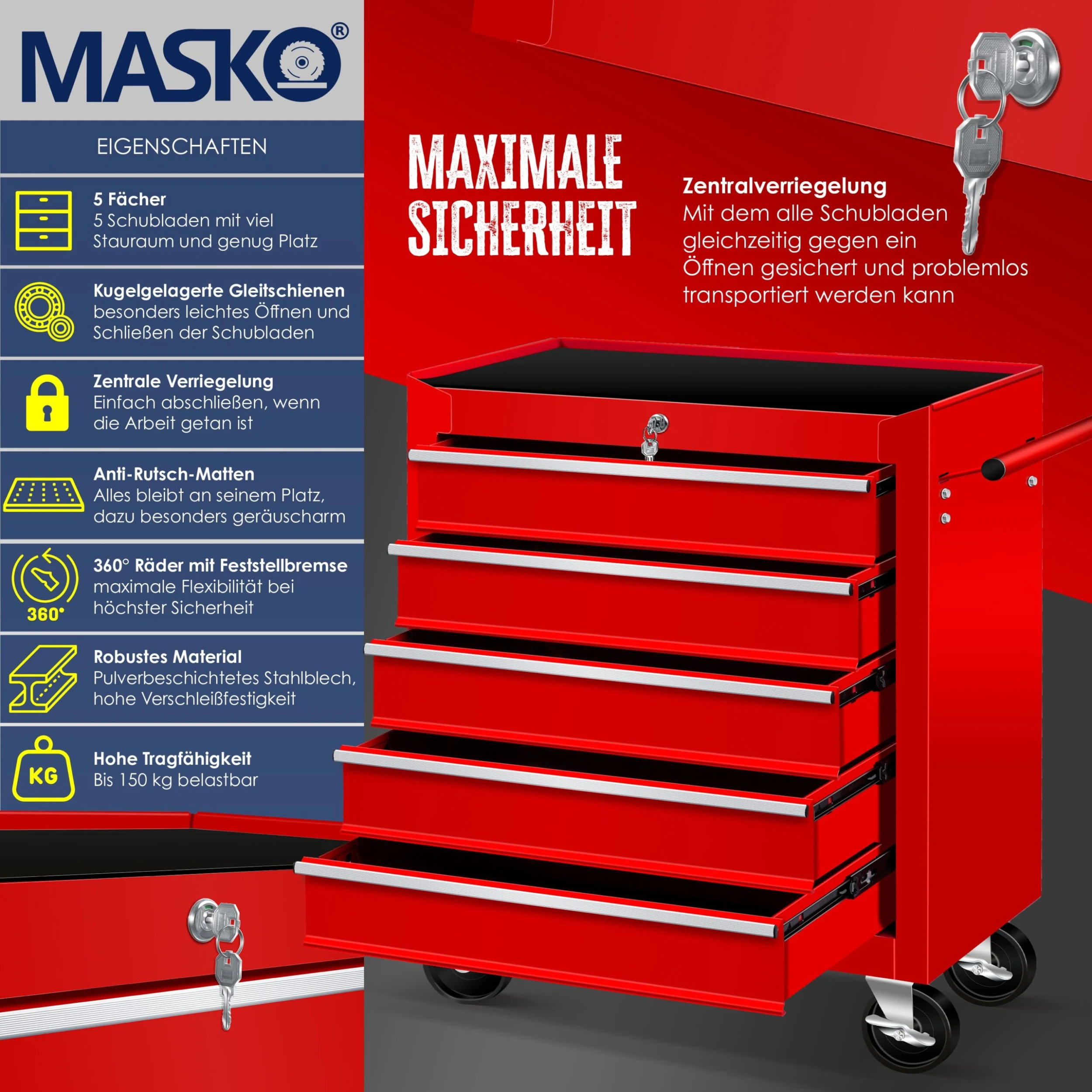 Masko® Werkstattwagen Rollwagen Werkzeugwagen Werkzeugkiste Fächer Toolbox Werkzeug Box – Bild 2