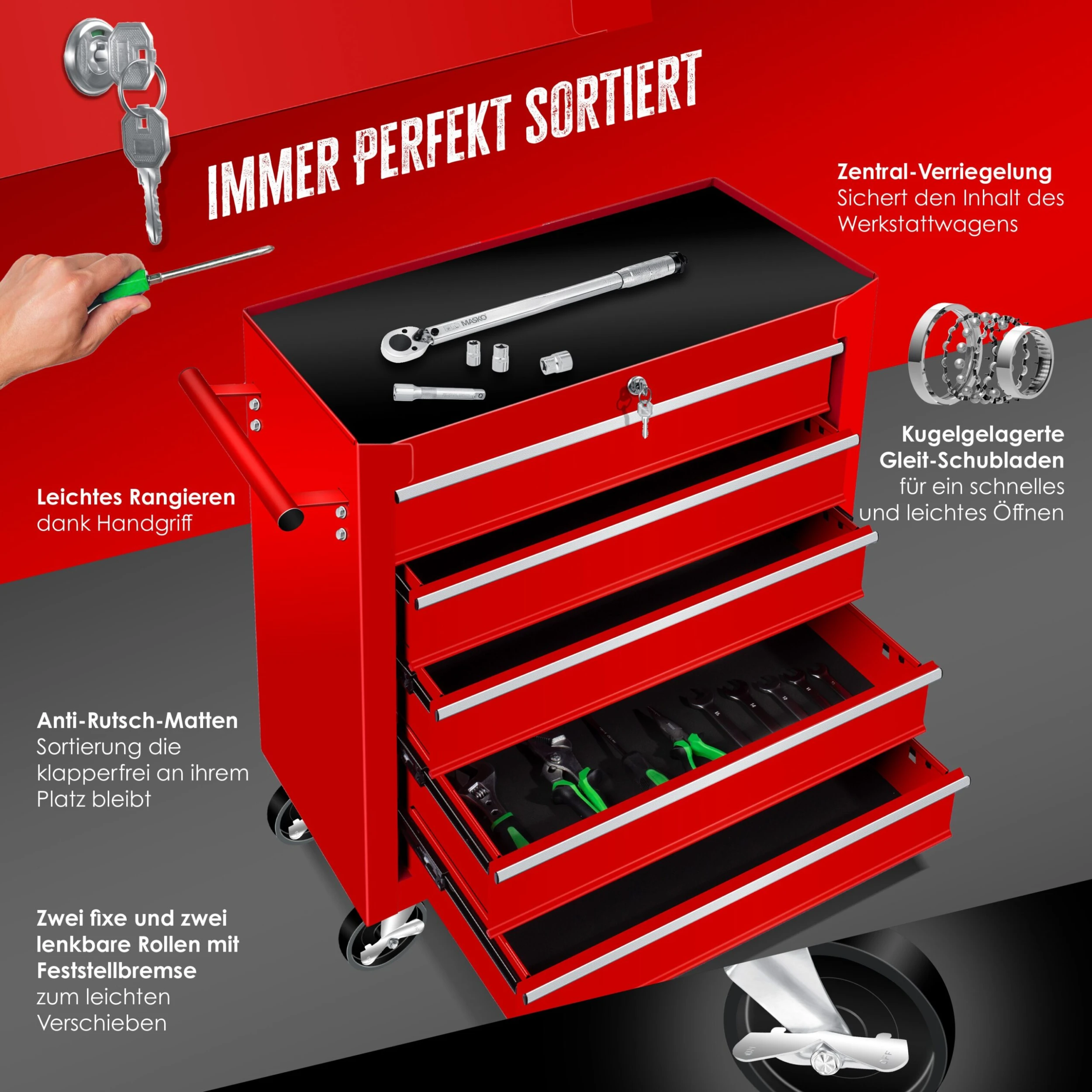 Masko® Werkstattwagen Rollwagen Werkzeugwagen Werkzeugkiste Fächer Toolbox Werkzeug Box – Bild 3