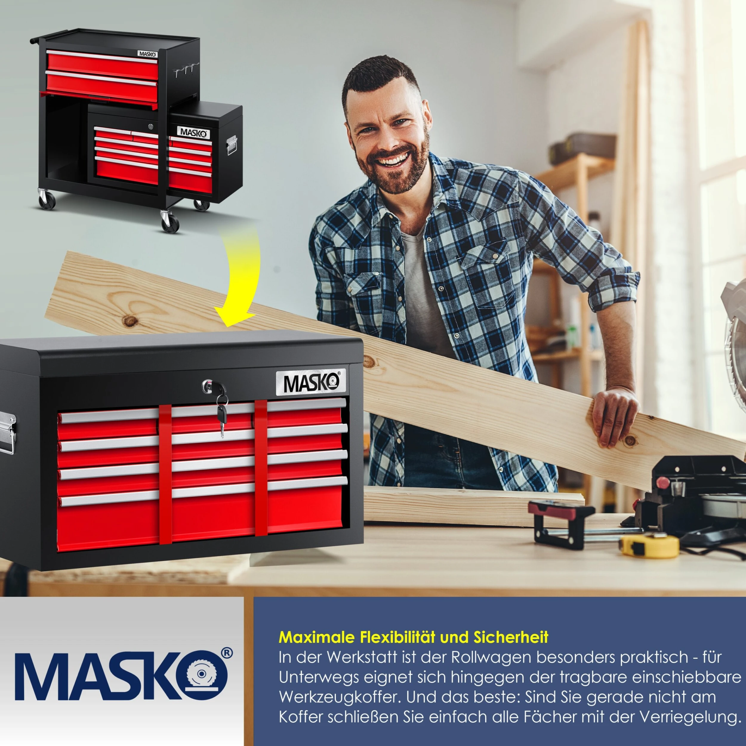 MASKO® Werkstattwagen Inkl. Koffer - 9 Fächer Abschließbar Massives Metall, Werkzeug-Wagen Ohne Werkzeug, Rollwagen Zur Werkzeugaufbewahrung Mit Schloss – Bild 6