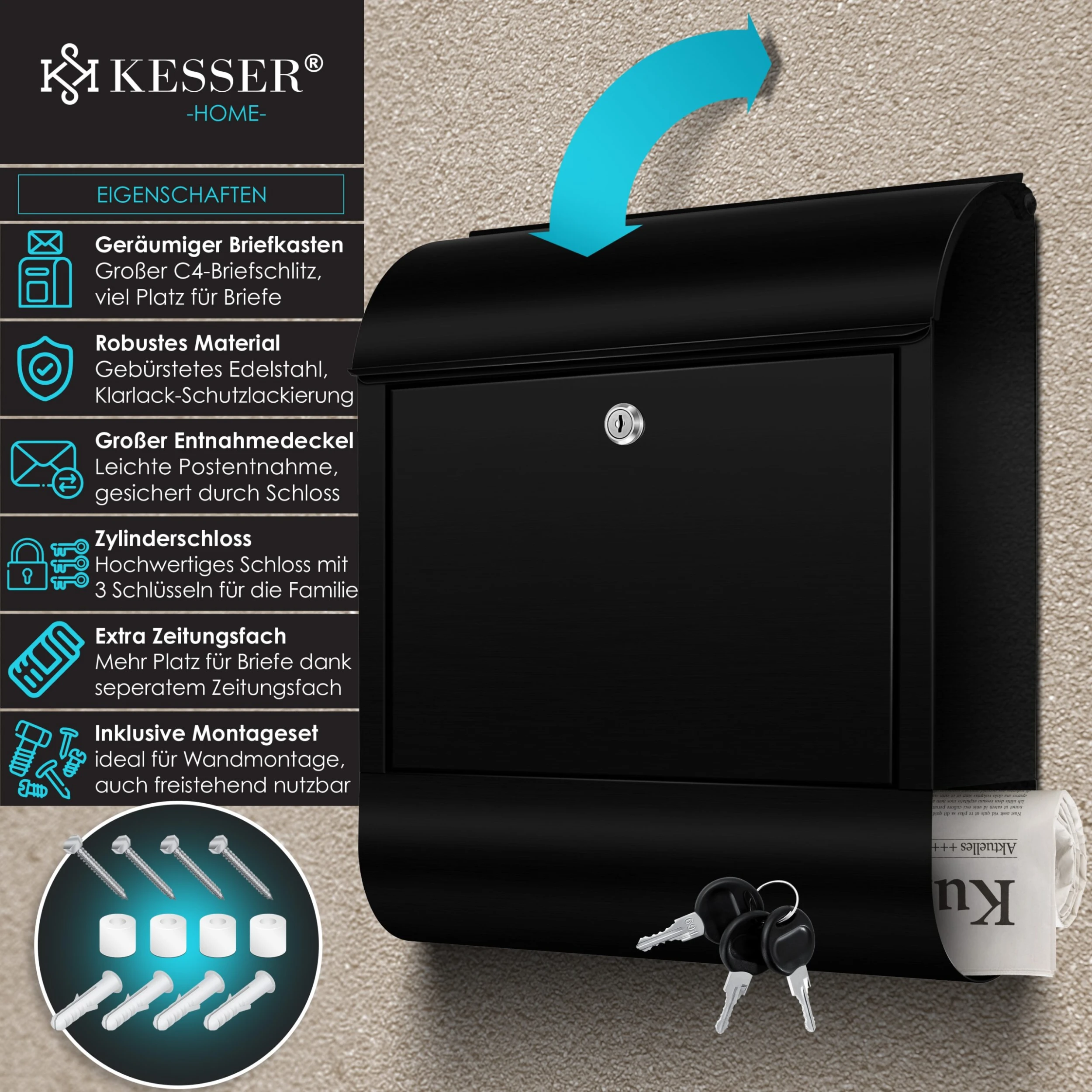 KESSER® XXL Briefkasten Edelstahl Mit Zeitungsfach , Gebürstet , 3x Schlüssel Abschließbar , Pulverbeschichtet , Wandmontage , Groß Front-Einwurf: DIN C4 = DIN A4 , Inkl. Montagematerial 2 KESSER® XXL Briefkasten Edelstahl Mit Zeitungsfach , Gebürstet , 3x Schlüssel Abschließbar , Pulverbeschichtet , Wandmontage , Groß Front-Einwurf: DIN C4 = DIN A4 , Inkl. Montagematerial – Bild 2