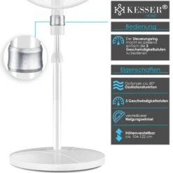 KESSER® - Standventilator 50W Standlüfter - Oszillationsfunktion 80 Grad - Standfuß Höhenverstellbar Ventilator 104 - 122cm - Hoher Luftdurchsatz - 3 Geschwindigkeitsstufen - Leise -Kessler-Shop 8600364700 20139 prod 006