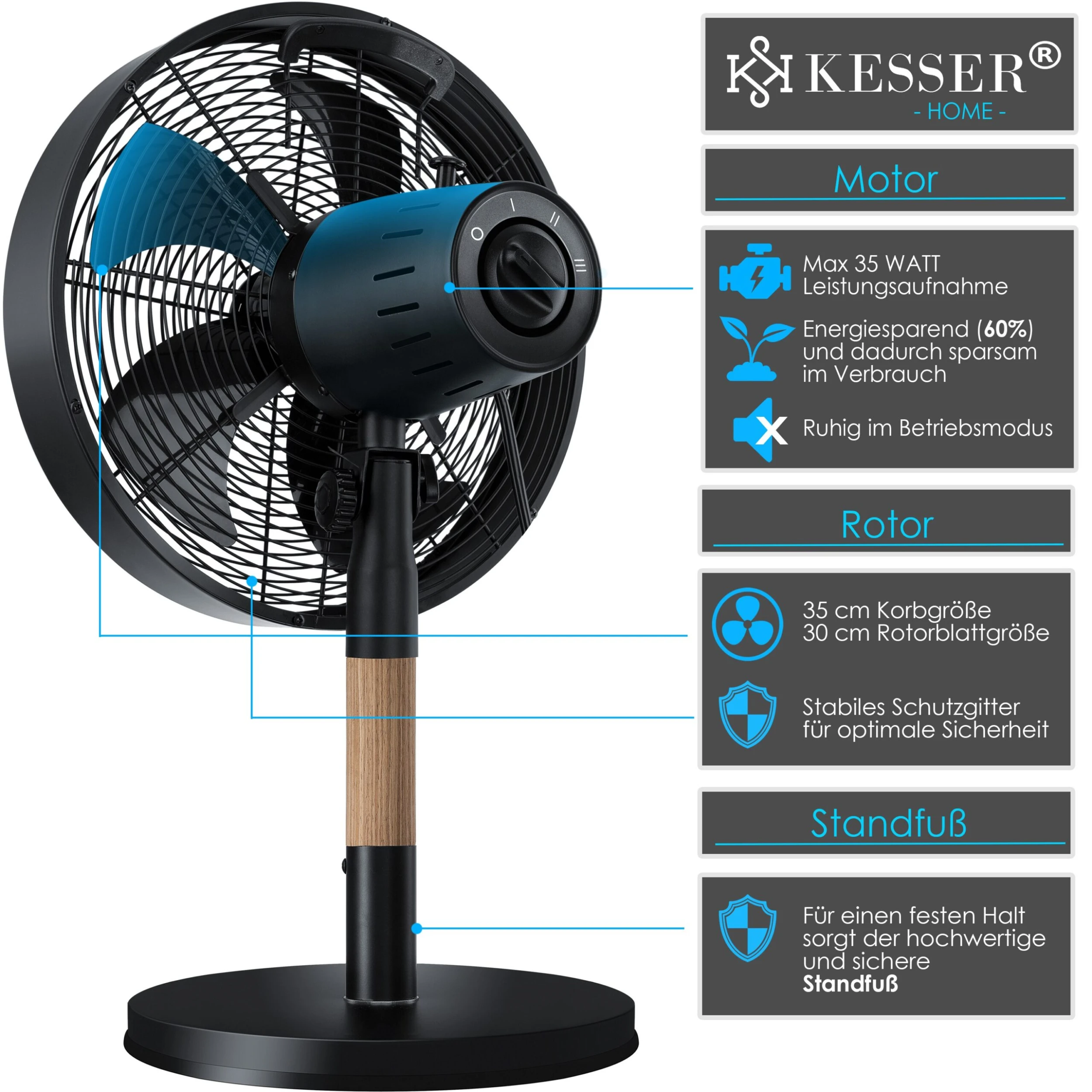 KESSER® – Tischventilator Metall - Holz Leise Mit 3 Geschwindigkeitsstufen - 80° Oszillation - Neigungswinkel 25° - Modernes Design | Mittelsäule Aus Holz 2 KESSER® – Tischventilator Metall - Holz Leise Mit 3 Geschwindigkeitsstufen - 80° Oszillation - Neigungswinkel 25° - Modernes Design | Mittelsäule Aus Holz – Bild 2