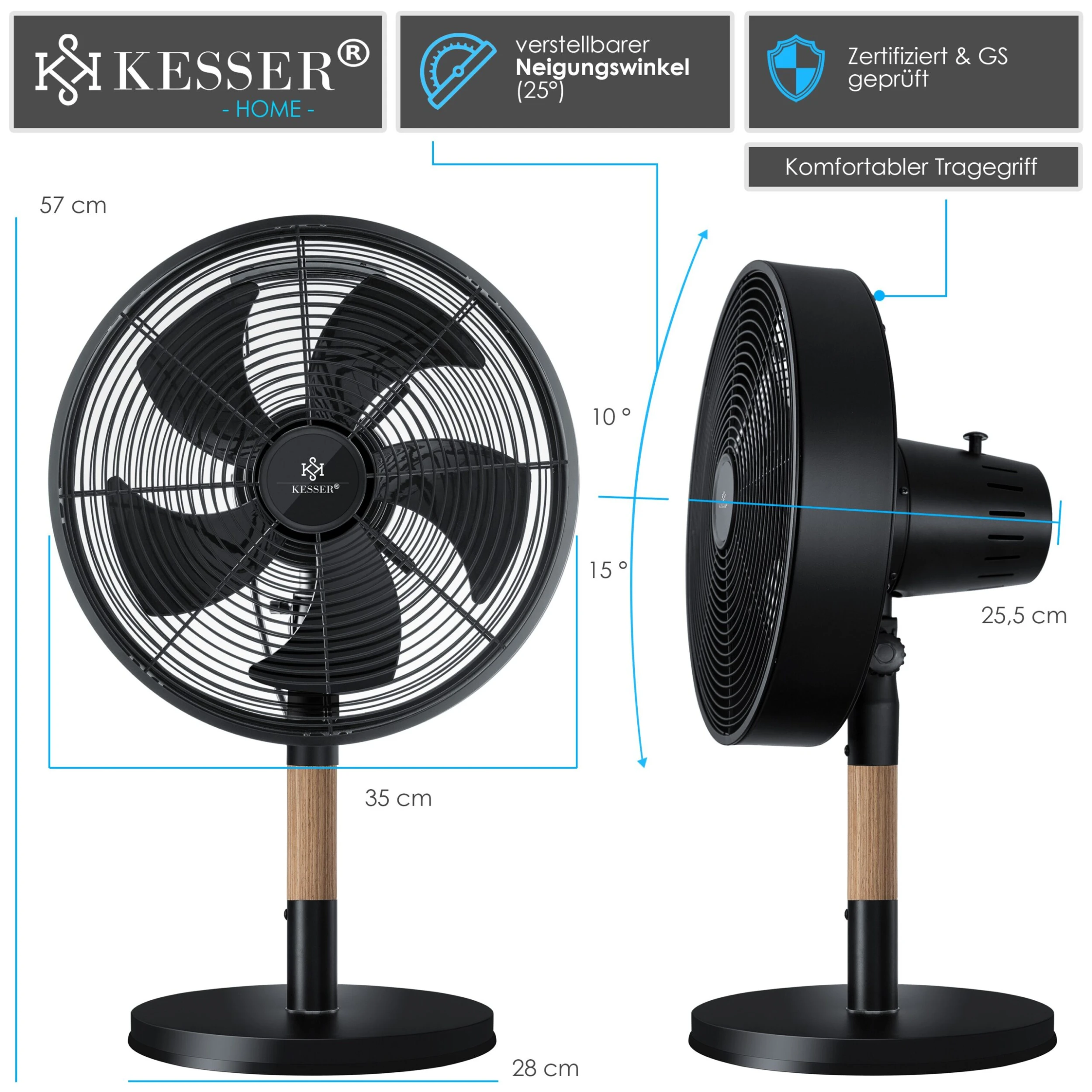 KESSER® – Tischventilator Metall - Holz Leise Mit 3 Geschwindigkeitsstufen - 80° Oszillation - Neigungswinkel 25° - Modernes Design | Mittelsäule Aus Holz 4 KESSER® – Tischventilator Metall - Holz Leise Mit 3 Geschwindigkeitsstufen - 80° Oszillation - Neigungswinkel 25° - Modernes Design | Mittelsäule Aus Holz – Bild 4