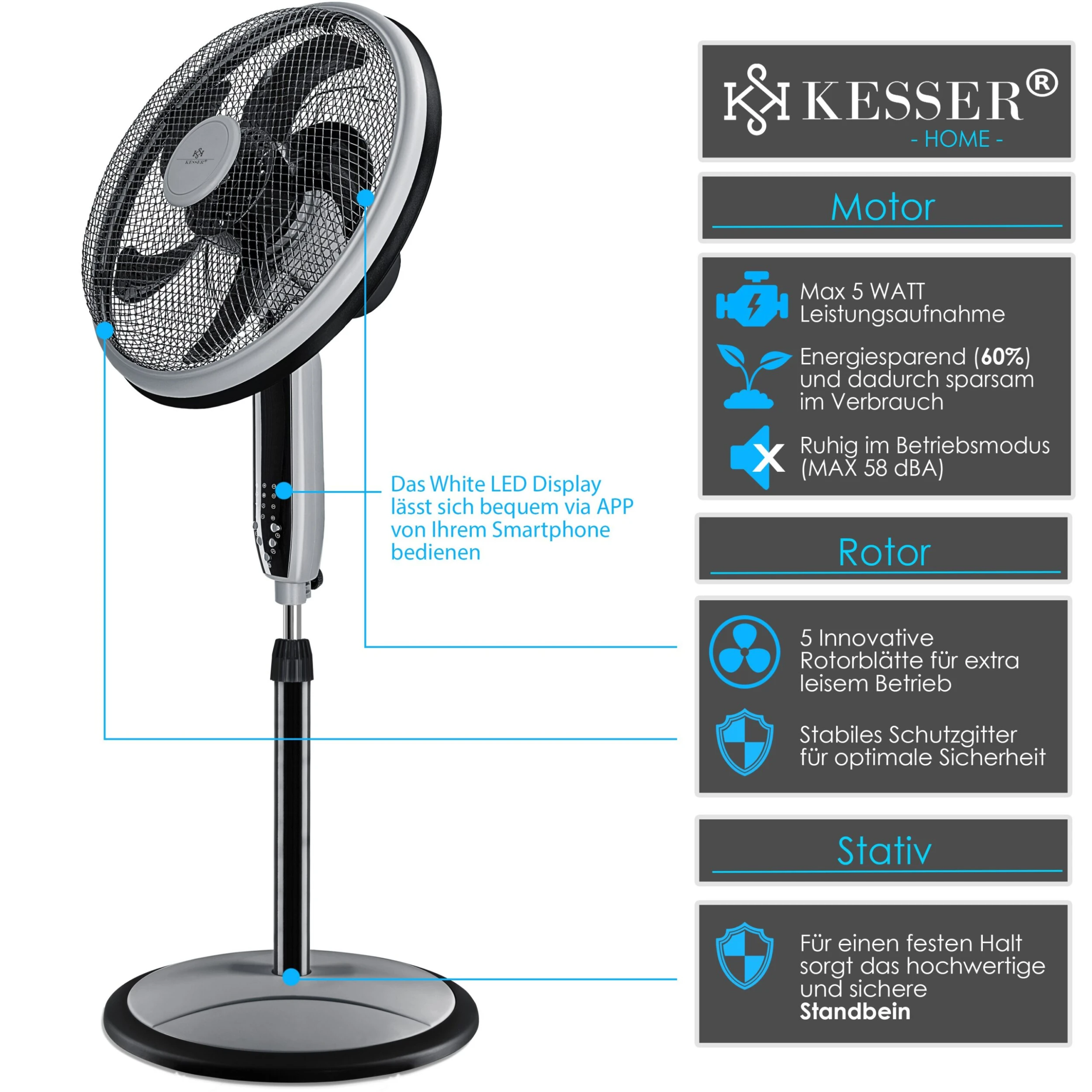 KESSER® 3in1 Standventilator Tischventilator Wandventilator Mit App Wifi , Fernbedienung | Timer | Leise Oszillation 80 Grad | Ventilator | 4 Geschwindigkeiten Inkl. Wandhalterung 3 KESSER® 3in1 Standventilator Tischventilator Wandventilator Mit App Wifi , Fernbedienung | Timer | Leise Oszillation 80 Grad | Ventilator | 4 Geschwindigkeiten Inkl. Wandhalterung – Bild 3