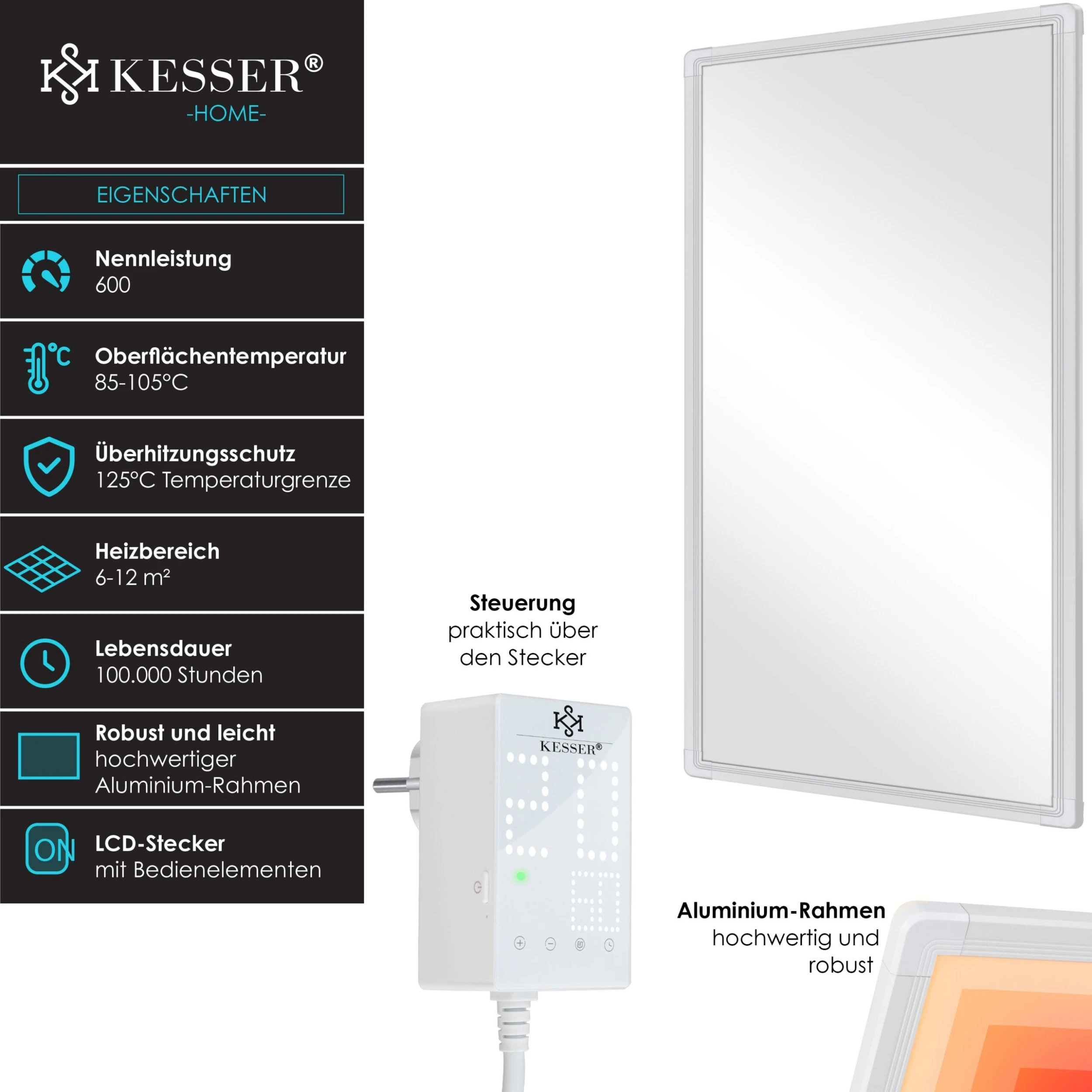 KESSER® Infrarotheizung Mit Thermostat Infrarot Wandheizung Elektroheizung IP44 – Bild 2