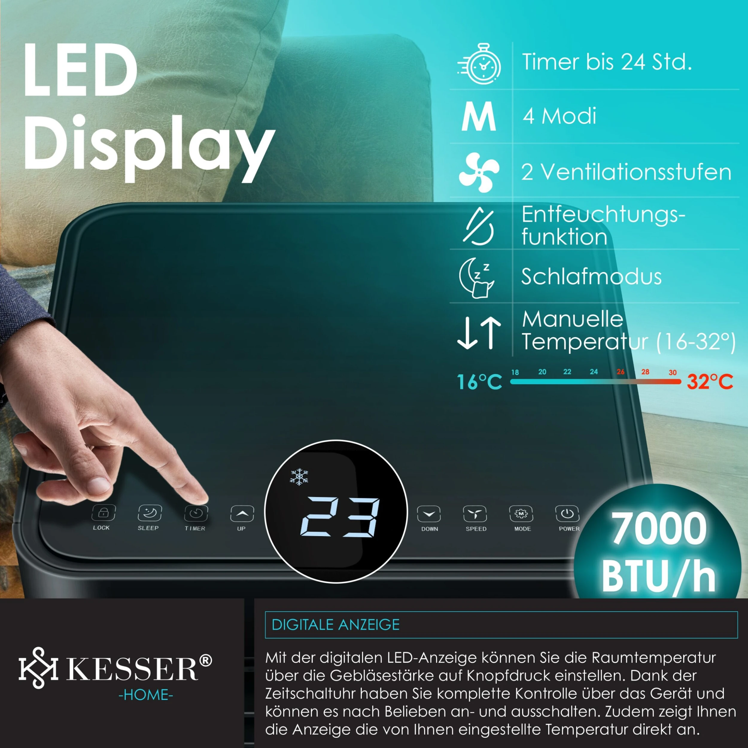 KESSER® - Klimaanlage Mobiles Klimagerät 4in1 Kühlen, Luftentfeuchter, Lüften, Ventilator - 7000 BTU/h (2.000 Watt) 2,3KW - Mobil Klima Mit Montagematerial, Fernbedienung Und Timer, Nachtmodus – Bild 3