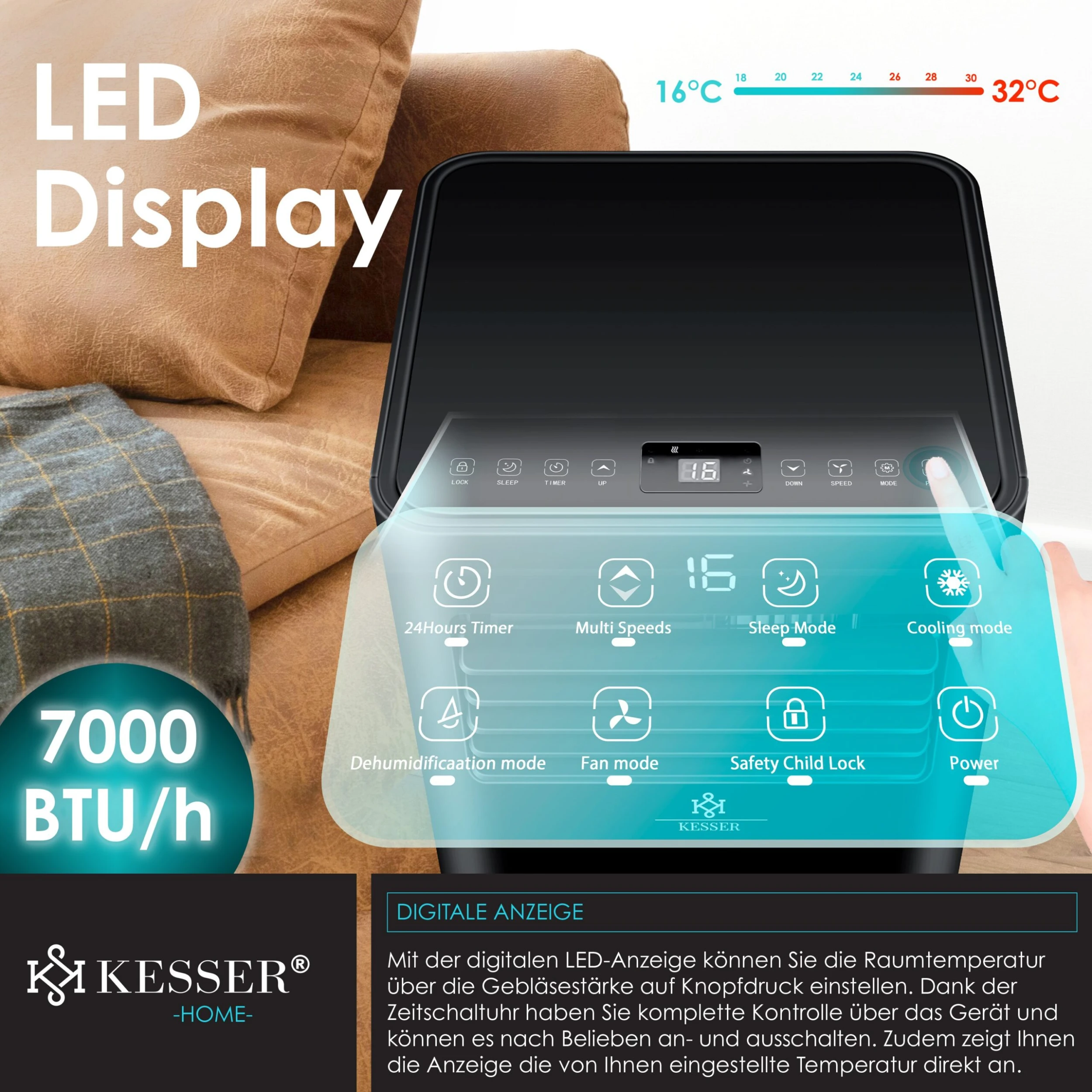 KESSER® - Klimaanlage Mobiles Klimagerät 4in1 Kühlen, Luftentfeuchter, Lüften, Ventilator - 7000 BTU/h (2.000 Watt) 2,3KW - Mobil Klima Mit Montagematerial, Fernbedienung Und Timer, Nachtmodus – Bild 4