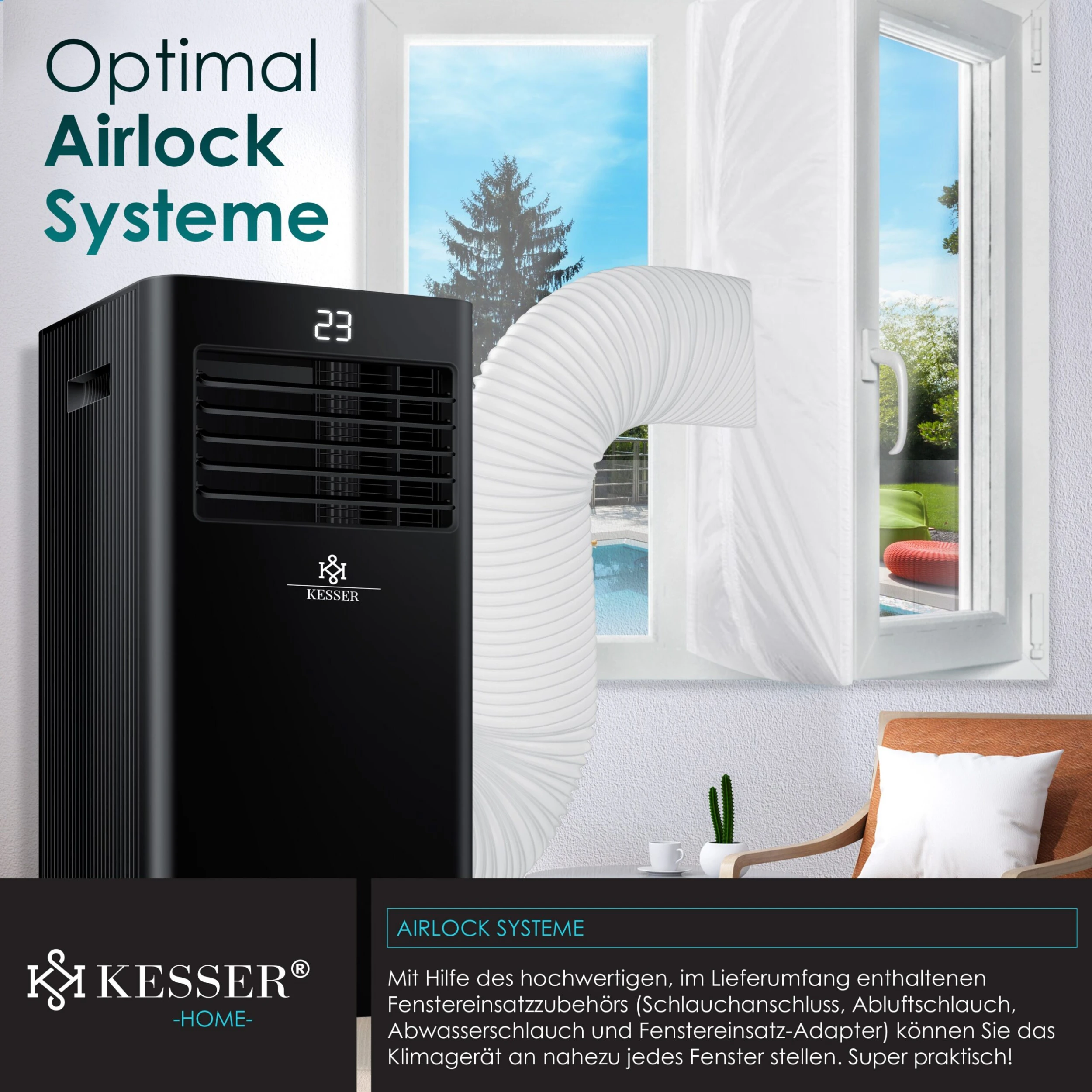 KESSER® - Klimaanlage Mobiles Klimagerät 4in1 Kühlen, Luftentfeuchter, Lüften, Ventilator - 7000 BTU/h (2.000 Watt) 2,3KW - Mobil Klima Mit Montagematerial, Fernbedienung Und Timer, Nachtmodus – Bild 5