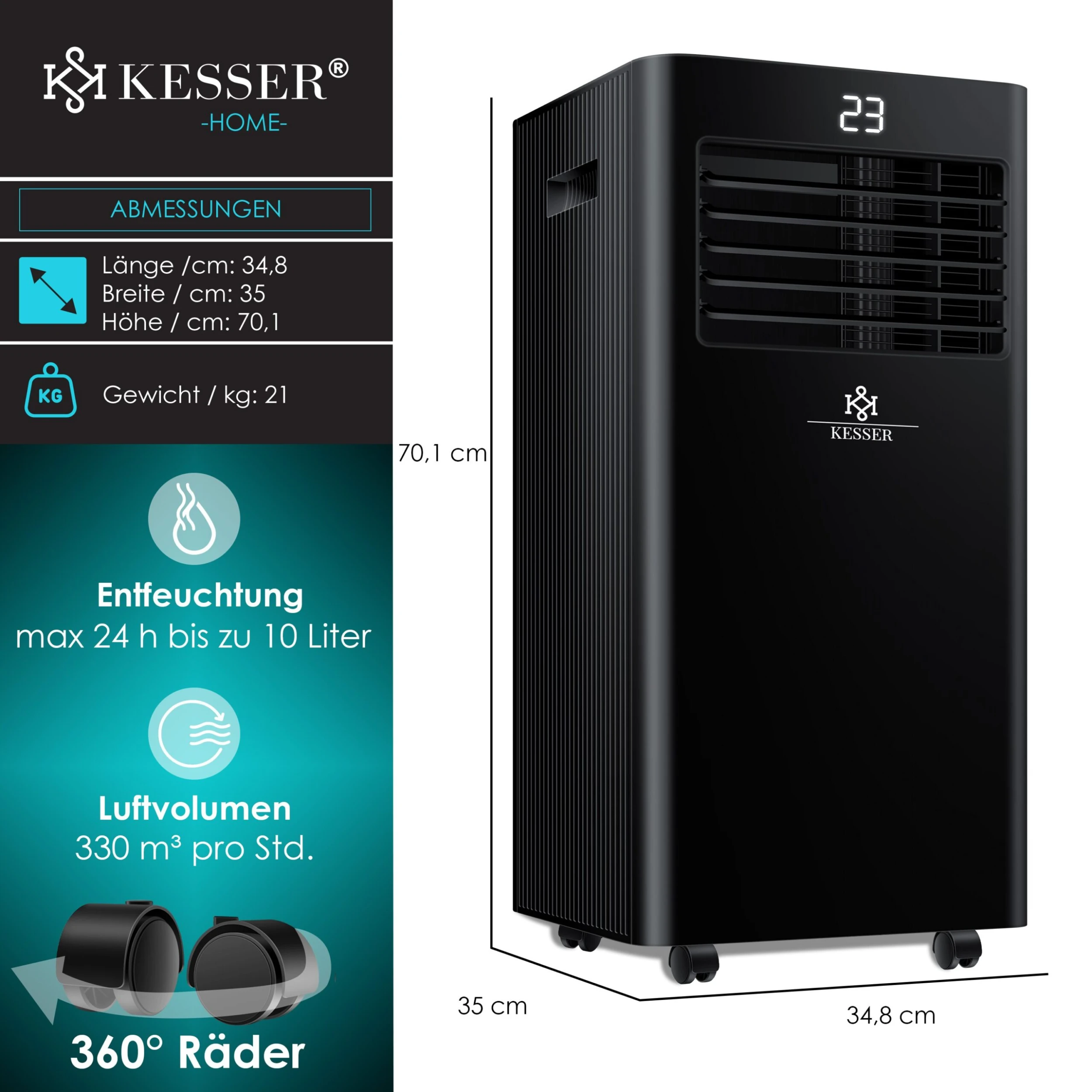 KESSER® - Klimaanlage Mobiles Klimagerät 4in1 Kühlen, Luftentfeuchter, Lüften, Ventilator - 7000 BTU/h (2.000 Watt) 2,3KW - Mobil Klima Mit Montagematerial, Fernbedienung Und Timer, Nachtmodus – Bild 6