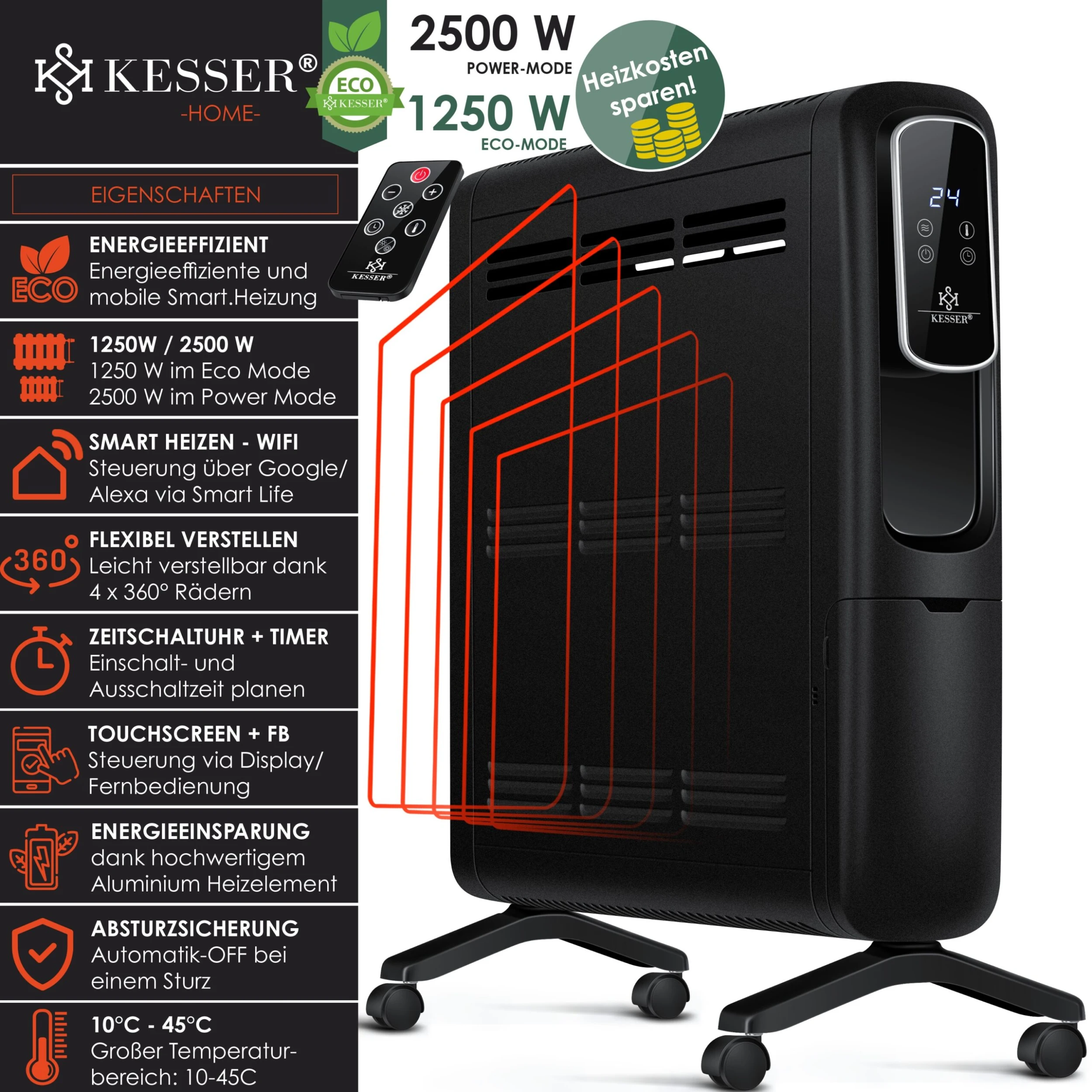 KESSER® Konvektor Elektrische Heizung ECO 2500W Heizkörper Elektroheizung Standheizung Energiesparend Display WiFi App & Fernbedienung Touchscreen - Mobil Radiator 24h Timer Thermostat 2 KESSER® Konvektor Elektrische Heizung ECO 2500W Heizkörper Elektroheizung Standheizung Energiesparend Display WiFi App & Fernbedienung Touchscreen - Mobil Radiator 24h Timer Thermostat – Bild 2