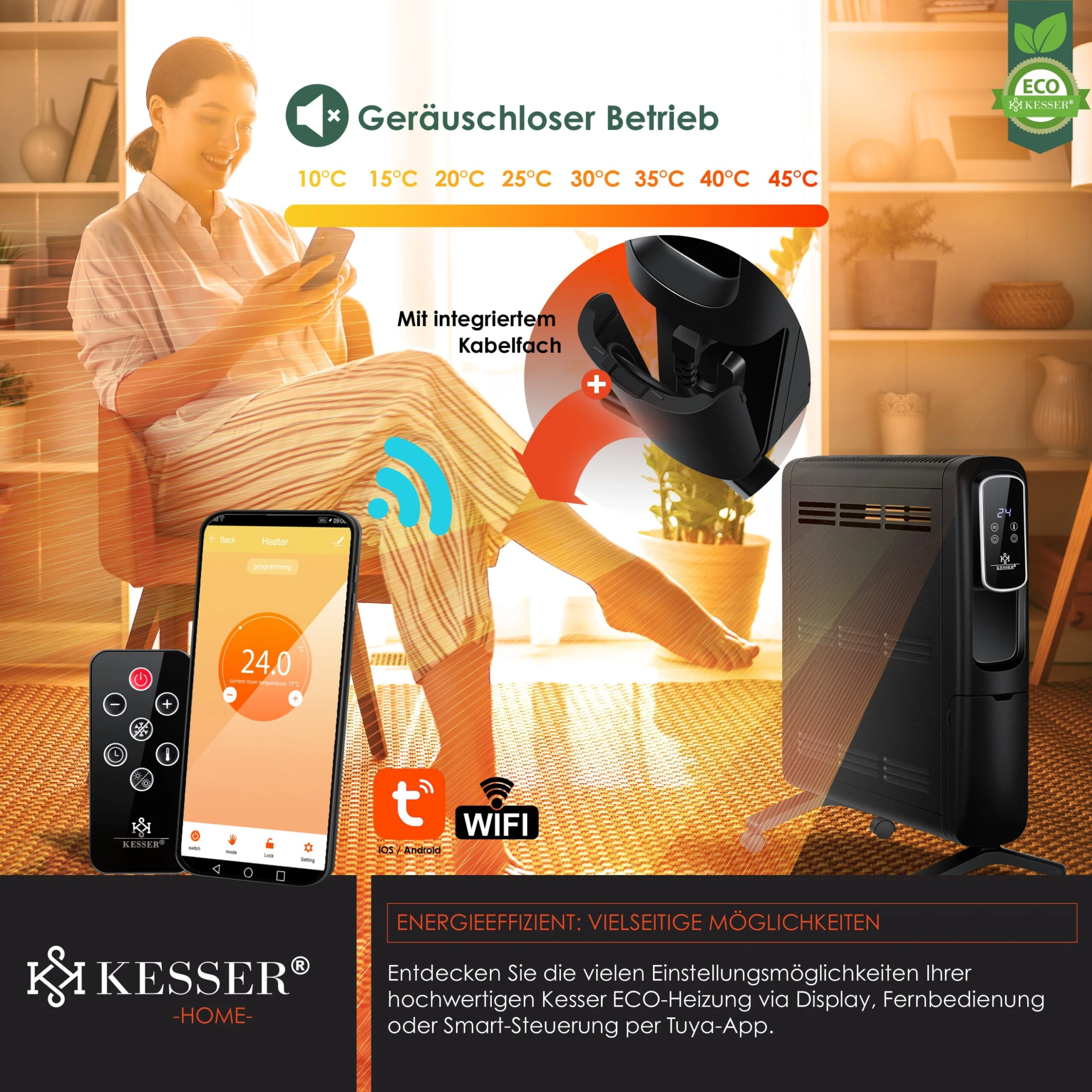 KESSER® Konvektor Elektrische Heizung ECO 2500W Heizkörper Elektroheizung Standheizung Energiesparend Display WiFi App & Fernbedienung Touchscreen - Mobil Radiator 24h Timer Thermostat 4 KESSER® Konvektor Elektrische Heizung ECO 2500W Heizkörper Elektroheizung Standheizung Energiesparend Display WiFi App & Fernbedienung Touchscreen - Mobil Radiator 24h Timer Thermostat – Bild 4