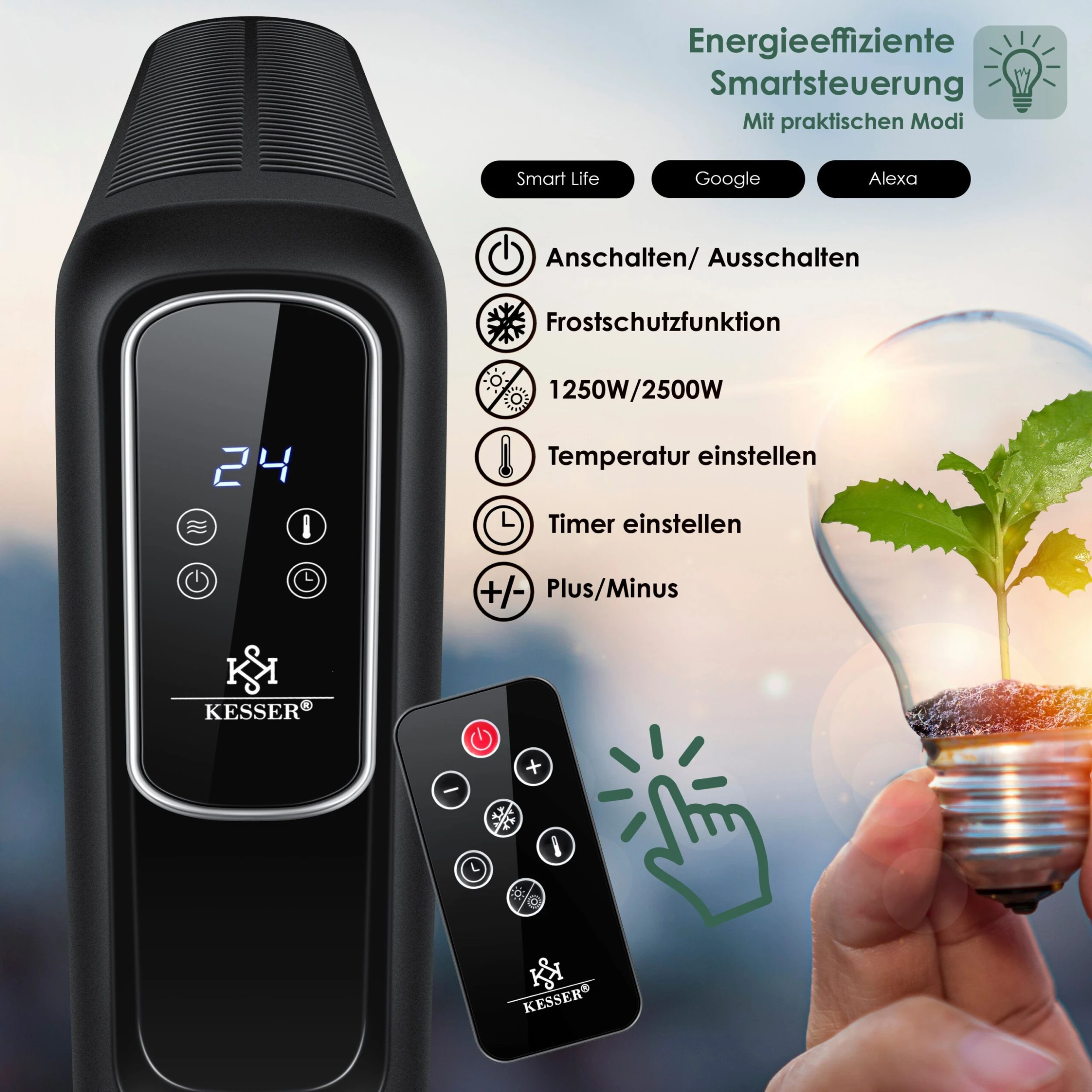 KESSER® Konvektor Elektrische Heizung ECO 2500W Heizkörper Elektroheizung Standheizung Energiesparend Display WiFi App & Fernbedienung Touchscreen - Mobil Radiator 24h Timer Thermostat 6 KESSER® Konvektor Elektrische Heizung ECO 2500W Heizkörper Elektroheizung Standheizung Energiesparend Display WiFi App & Fernbedienung Touchscreen - Mobil Radiator 24h Timer Thermostat – Bild 6