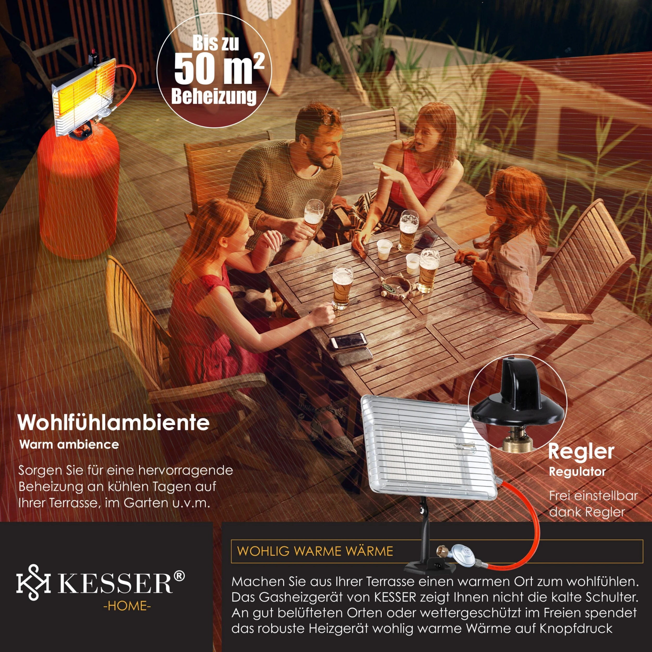 KESSER® Gasheizer Heizstrahler Gas Aufsatz Strahler Inkl. Piezo Zündung Schlauch & Regler Flaschenhalterung Gasheizstrahler Aufsatzheizstrahler Betrieben Mit Propan - Gas Für 5 Kg Oder 11 Kg Flaschen – Bild 4