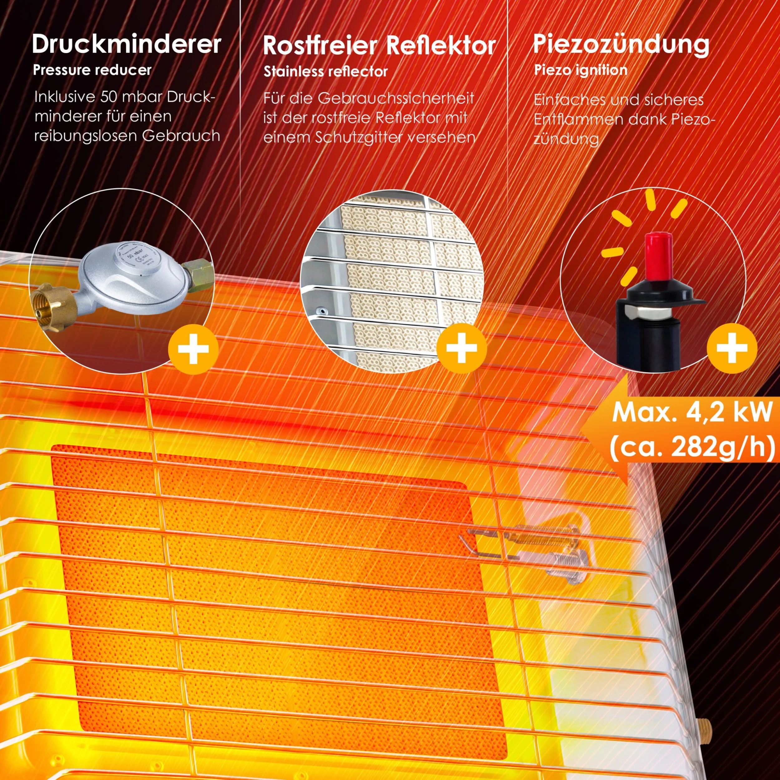 KESSER® Gasheizer Heizstrahler Gas Aufsatz Strahler Inkl. Piezo Zündung Schlauch & Regler Flaschenhalterung Gasheizstrahler Aufsatzheizstrahler Betrieben Mit Propan - Gas Für 5 Kg Oder 11 Kg Flaschen – Bild 5