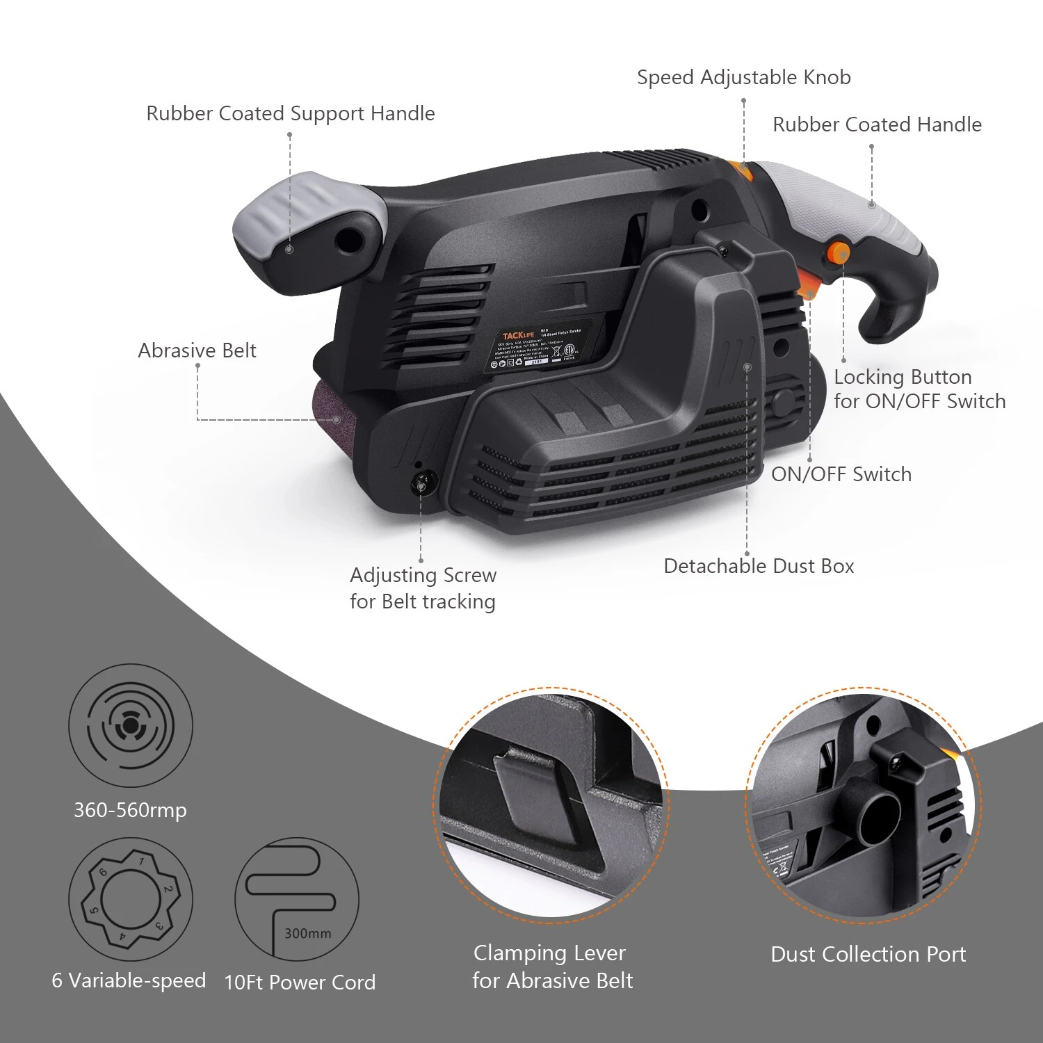 Tacklife B10, 5-Amp 3×18-Zoll-Bandschleifer Mit 13 Schleifbändern, Variabler Drehzahlregelung, Staubbox Und Vakuumadapter – Bild 3