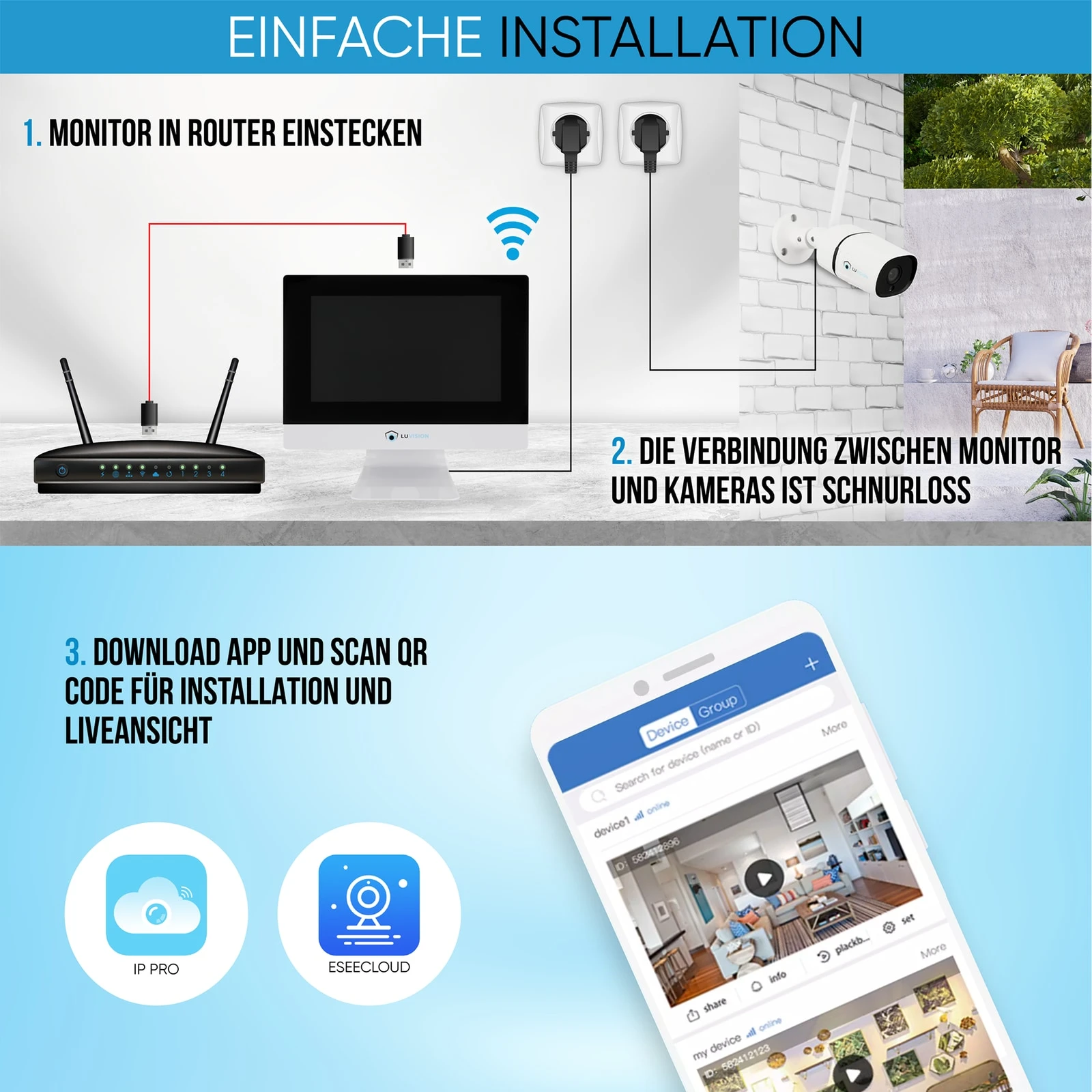 LUVISION WLAN Funk Kamera Set Überwachungssystem Mit Monitor HDD-Rekorder & Cloud Speicher 4 Bis 8 IP Kameras & App – Bild 3